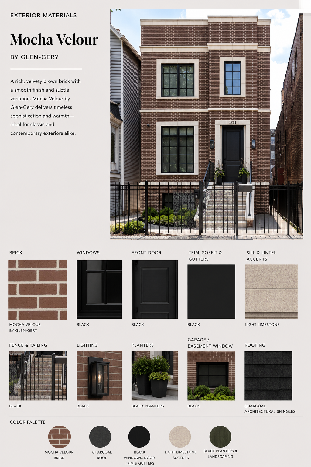 mocha velour brick product residential material mood board