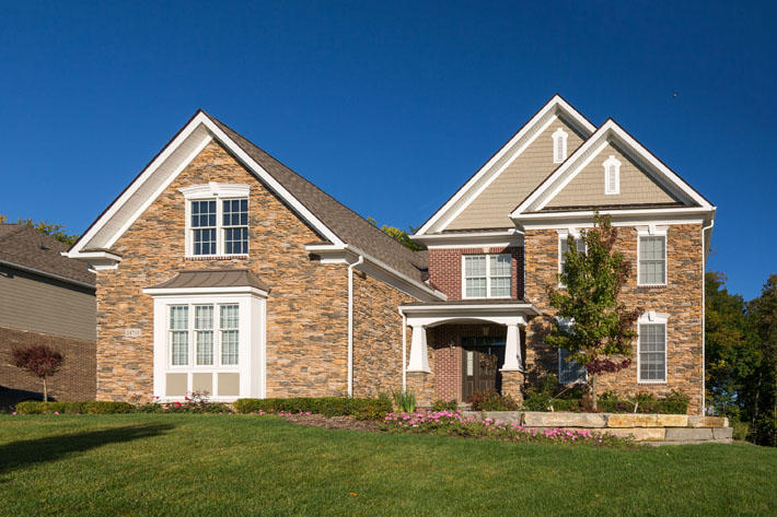 Brick & Stone Home with Cabernet Burgundy Velour & Ashford Ledgestone